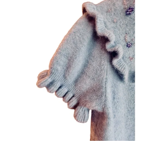 ZARA Peter Pan Beaded Collar Blue Cropped Knit Sweater Ruffle Trim Women’s Large - Picture 9 of 14